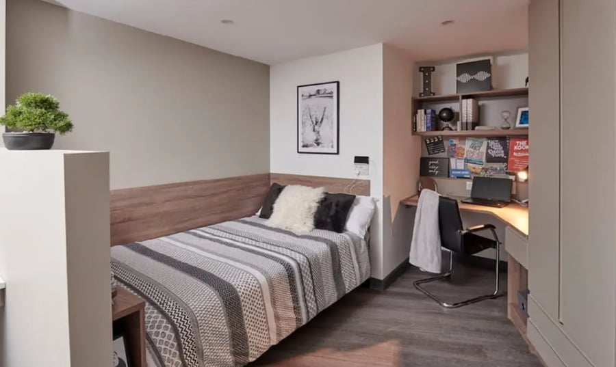 Bed desk bookshelf and chair student bedroom at Trinity View Coventry in Coventry Student Accommodation
